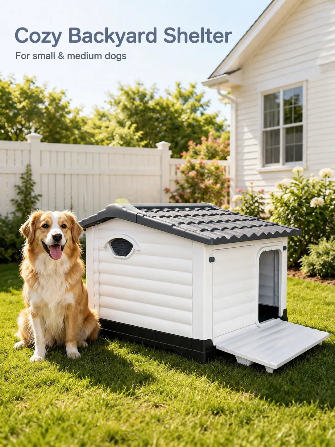 2-Door Plastic Dog House with Fold-Out Porch, Elevated Indoor Outdoor Pet Shelter with Ventilation and Weather-Resistant Roof for Small and Medium Dogs