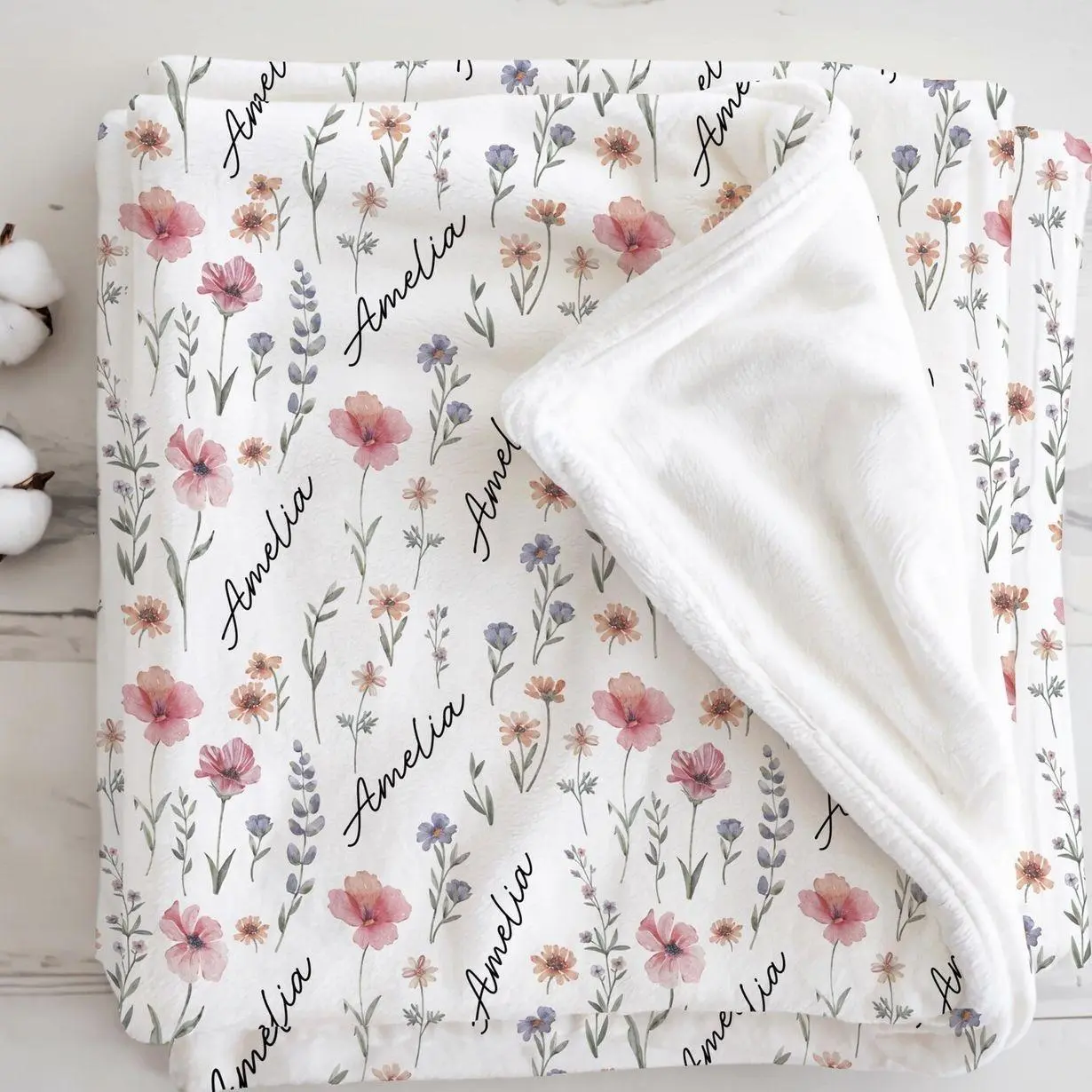Custom Baby Name Wildflower Blanket | Soft Flannel Hospital Receiving Blanket | Personalized Girl Nursery Decor | Sweet Newborn Gift