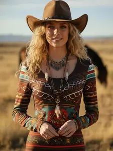Western Women's Mystical Retro Ethnic Geometric Striped V-Neck Long Sleeve Dress, Unique Chic Vibe Style, Perfect for Special Occasions