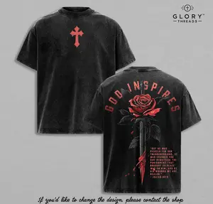 Men's Cotton Casual Short-Sleeve Loose T-Shirt - Christian God-Inspired Rose Sword Graphic, Isaiah 53:5 Bible Verse, Washed Vintage Faith Menswear, Religious Gift for Believers