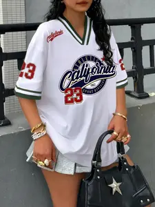 Women's California Print Baseball Jersey, Casual Fashion Baseball Graphic Tee, Women's Summer Clothes for Daily Wear, Apparel Jersey