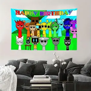 Sprunki Incredibox Characters Cartoon Print Tapestry, Light Beige Material, Durable and Wrinkle-Resistant Softness, Portable for Cheering, Suitable as a Photo Background, Perfect Decorative Home Accent for Dorms, Bedrooms, Living Rooms, or