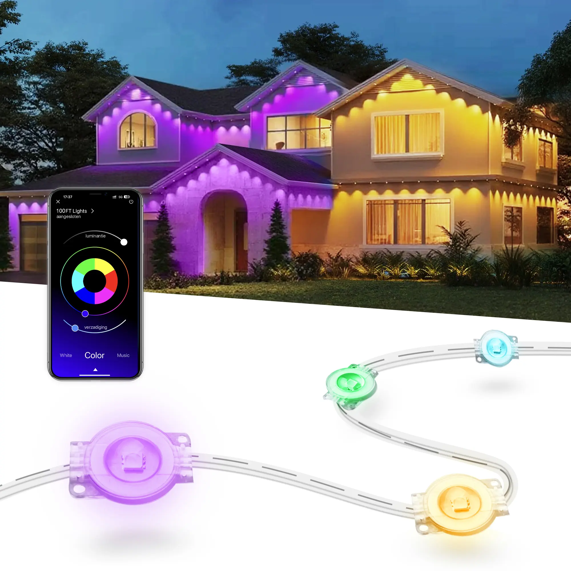 100FT Permanent Outdoor Lights, Smart RGB Eave Lights with Multiple Scene Modes, App Controlled Roofline LED Lights, IP67 Waterproof Outdoor House Lighting for Exterior, Christmas, Halloween, Holiday Decor & Year-Round Home Use