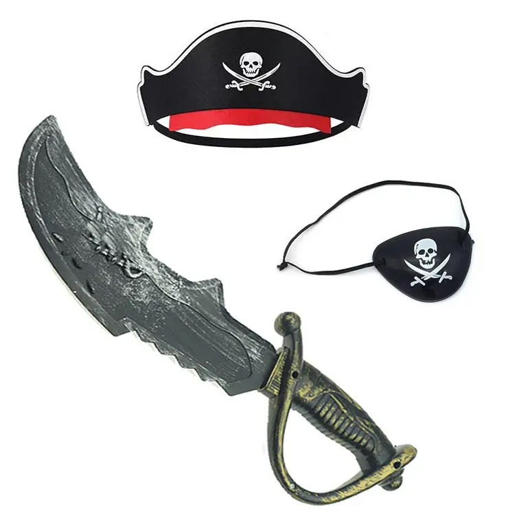 Kids' 3pcs PVC Costume Prop Set - Skull Design, Elastic Hat, Bronze Sword, Eyepatch for Halloween Dress-Up Play (Party Hats, Masks & Accessories)