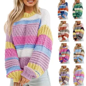 Imily Bela Womens Color Block Sweater Striped Chunky Knit Cropped Sweaters Crewneck Fall Long Sleeve Loose Pullover Top