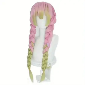 1pc Women's Anime Cosplay Wig with Pastel  & Green Highlights - Long Braided Double Ponytail, Breathable Light Brown roots, Elastic Net Cap for Conventions, Photoshoots, Everyday - Japanese Manga Style Roleplay Hair - Compatible with All Li