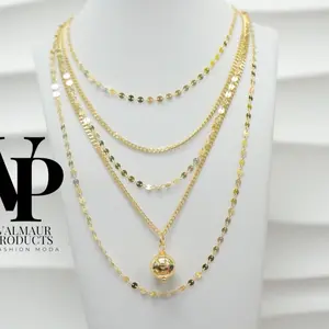 Valmaur Products Gold Tone Multi Layer Brass Necklace with Disc Chain & Ball Pendant Trendy Layered Statement Jewelry for Women