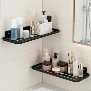 Wall Mounted Floating Shelf, Self Adhesive Shelf, No Drill Adhesive Wall Shelf, Floating Shelves Damage-Free Expand Walls Space for Living Room Kitchen Bathroom (2, Black)