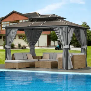 Garvee Aluminum Frame Hardtop Gazebo, 10x13 FT Double Roof with Breathable Netting & Sunshade Curtains, Permanent Structure for Outdoor Living Gray