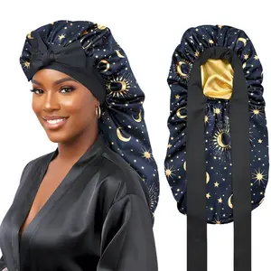 Reversible Celestial Print Satin Bonnet for Long Hair