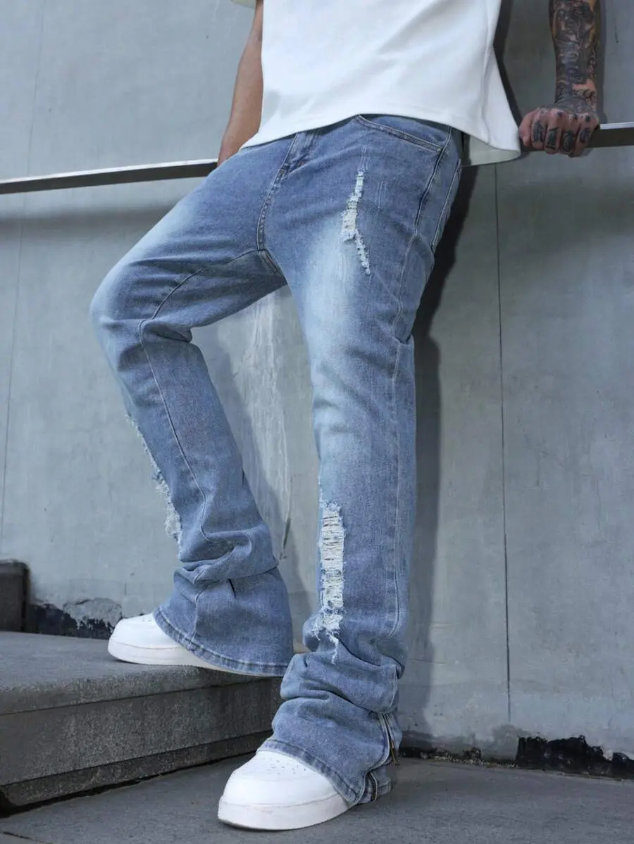 Manfinity EMRG Men's Light Wash Zippered Denim Jeans Wide Leg Long Size Plain Pattern Avant-Garde Street Casual Style For Everyday Wear Light Wash Jeans Men