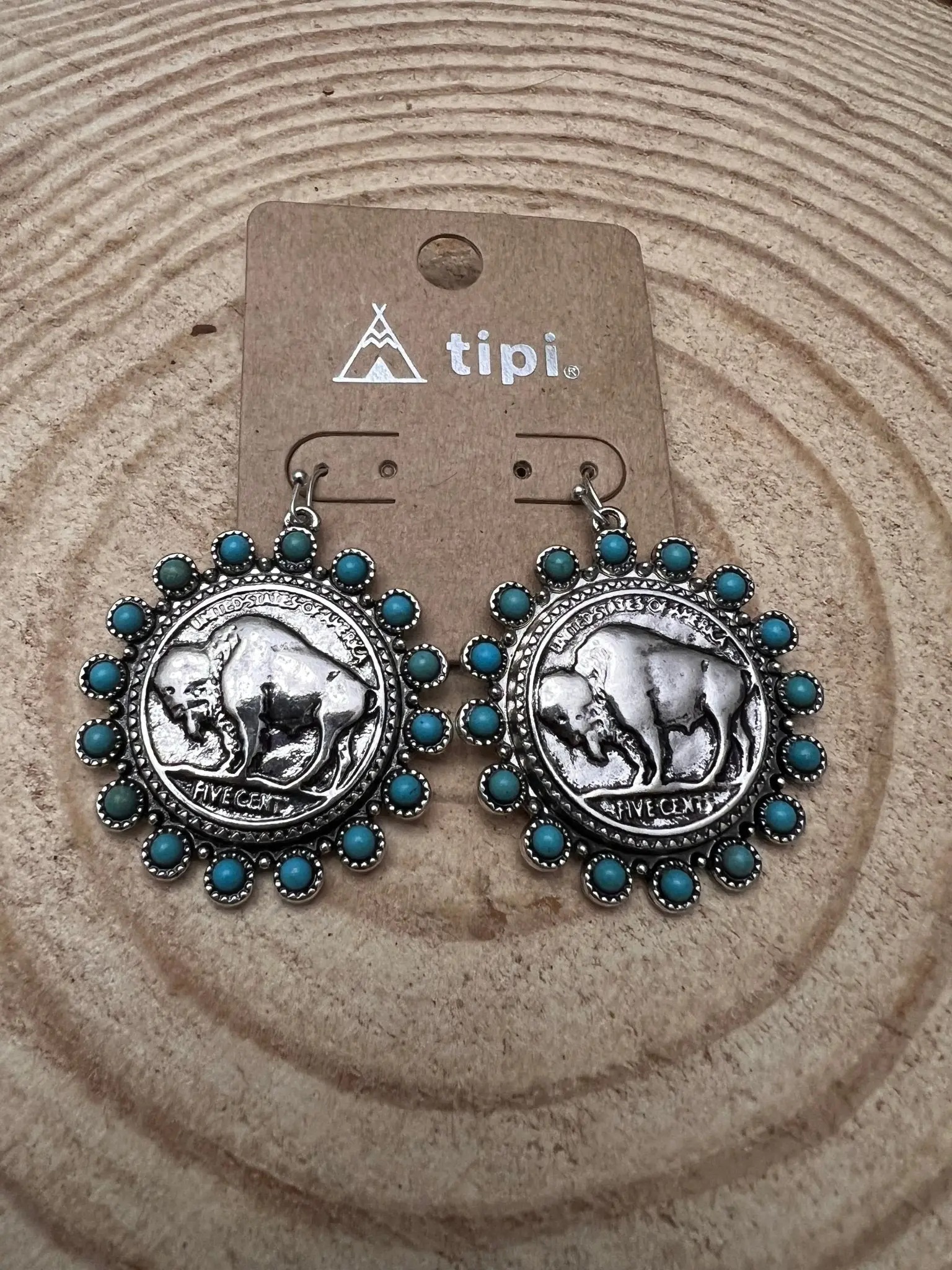 Western Buffalo Coin Dangle Earrings with Faux Turquoise — Statement Drop