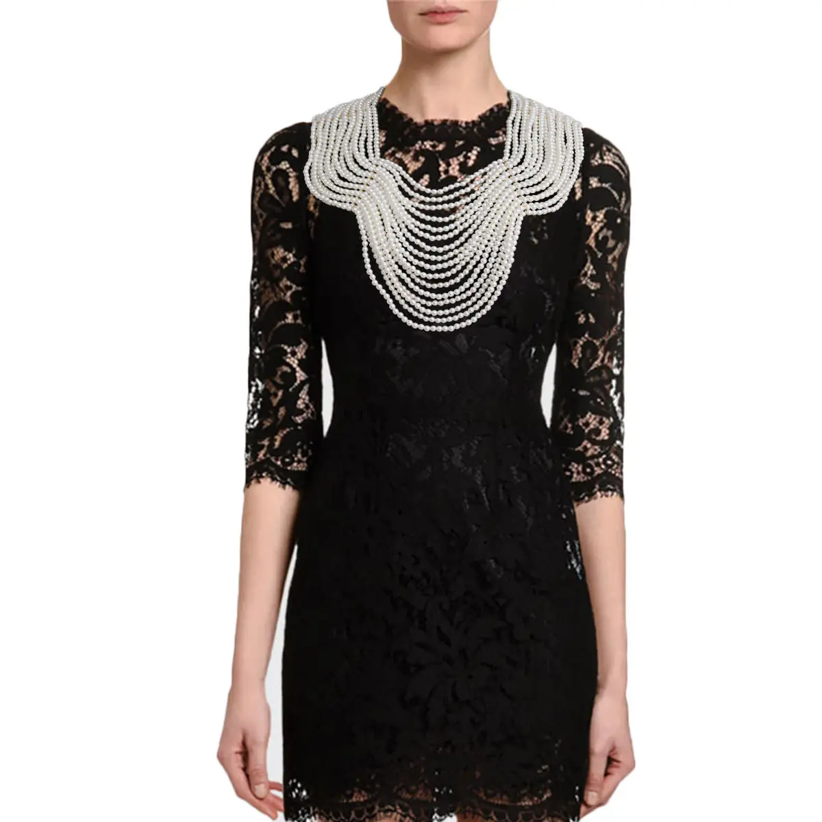Layered Bib Necklace with Cream Artificial Pearls, Unisex Cleopatra Jewelry with 6-Inch Front & Extra Long Draped Chain Back, 6 Inches, Cleopatra Chic, Back Drape, Cream Pearl, Front Pearl Bib 6 Inches