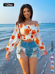 Women's Floral Print Off Shoulder Blouse, Elegant Boho Fashion Casual Long Sleeve Top for Daily Outdoor Wear, Women Clothing for Summer, Womenswear Shirts