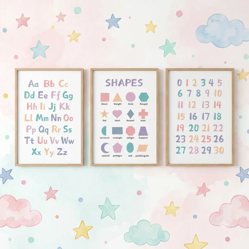 Set of 3 Educational Nursery Alphabet Prints: Numbers, Shapes Chart, ABC Poster, Playroom Decor, Wall Art for Kids