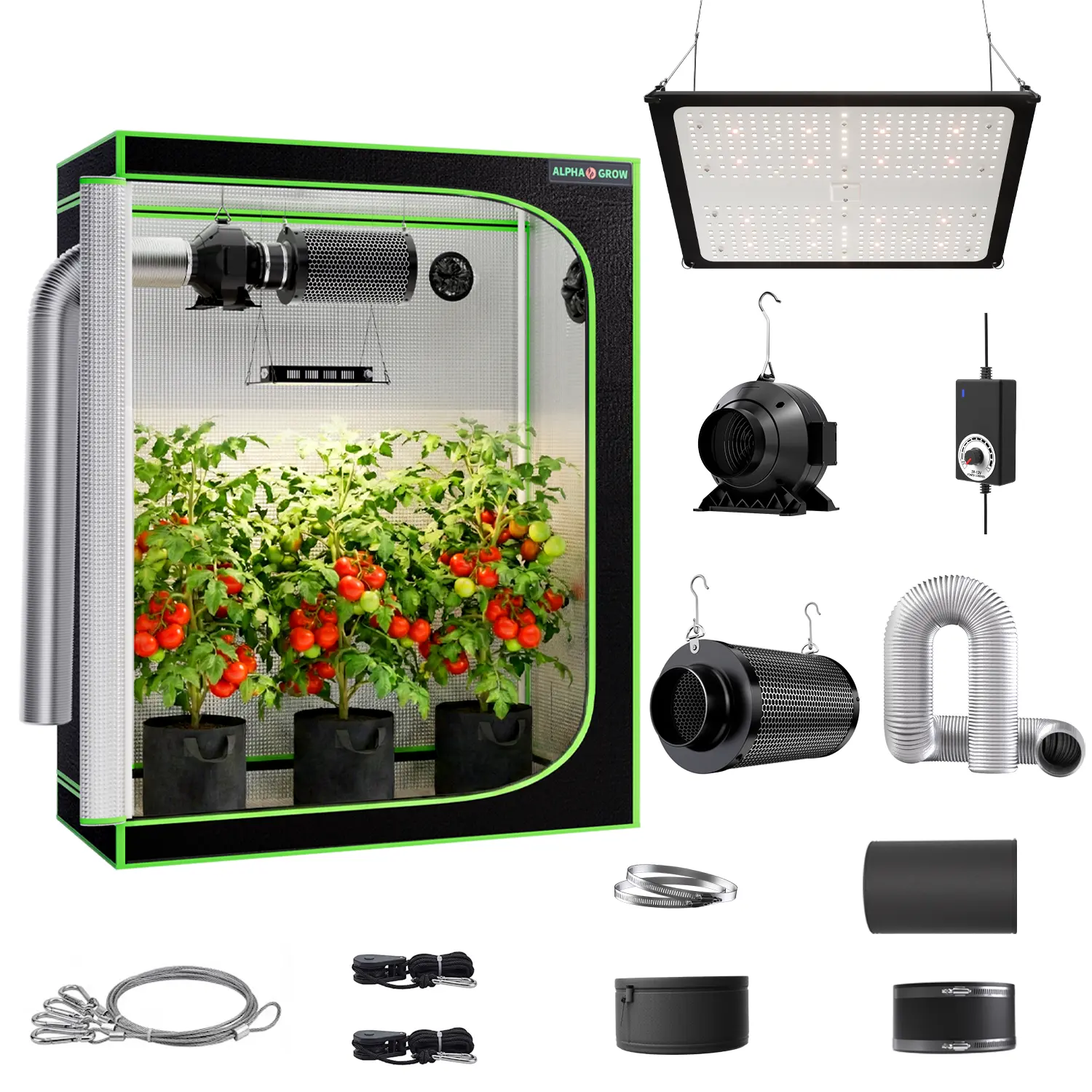 ALPHAGROW Reflective Complete Grow Tent Kit Set - 100W Full Spectrum LED Lights, 4in Inline Fan, Carbon Filter, 8ft Ducting, Speed Controller, Multi-Size Indoor Greenhouse Tent (2x2, 2x4, 3x3, 4x4)