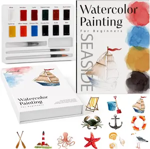 Watercolor Seaside Workbook, Beginner Watercolor Paint Set, Arts & Crafts Coloring Book for Adults and Teens with 12-Color Paint Set & Brush
