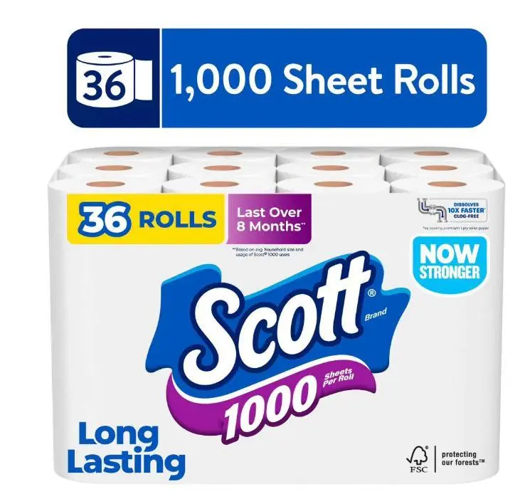 Scott 1000 Toilet Paper, 36 Rolls, 1000 Sheets Per Roll