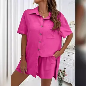 Fashionable two-piece solid color shirt and shorts set for women, casual loose-fitting short-sleeved single-breasted