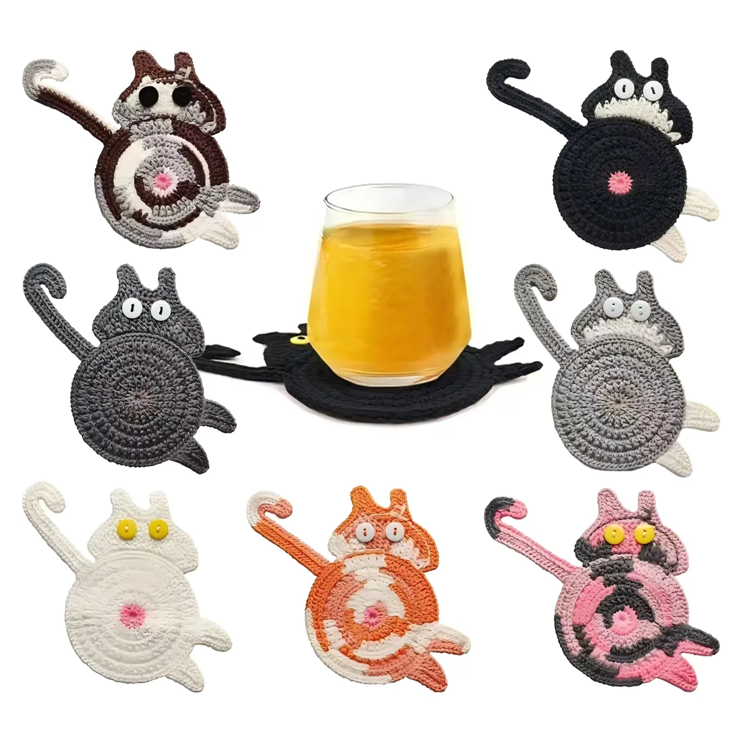 8 Pack Funny Wooden Cat Butt Coasters, 8 Unique Patterns Heat Resistant Wooden Drink Coasters, Cute Table Protector Decor Gift Set for Cat Lovers | Cute Table Decoration & Holiday Gift for Cat Enthusiasts