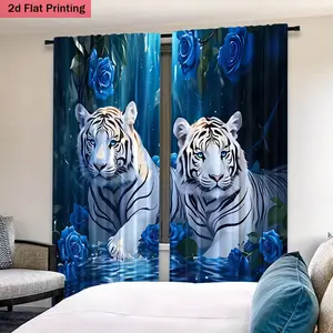 2 Piece Tiger Print Sheer Curtains, Rod Pocket Design, Half Transparent for Living Room Bedroom Kitchen Office Decor, Window Curtain, Home Decoration Curtain