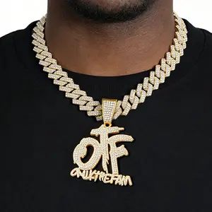 European and American cross-border OTF letter pendant paired with 14mm full-diamond Cuban necklace, hip-hop personalized accessory