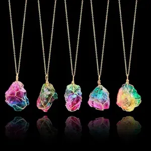 Rainbow Aura Chakra Quartz Necklace with Gold Chain and Colorful Gemstones