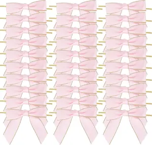 Satin Twist Tie Bows - Premade Ribbon Bows with Gold Edge for Treat Bags, Cake Pops, Crafts, Wedding Favors, Gift Wrapping, Baby Showers, Apple Candy - 50 Counts