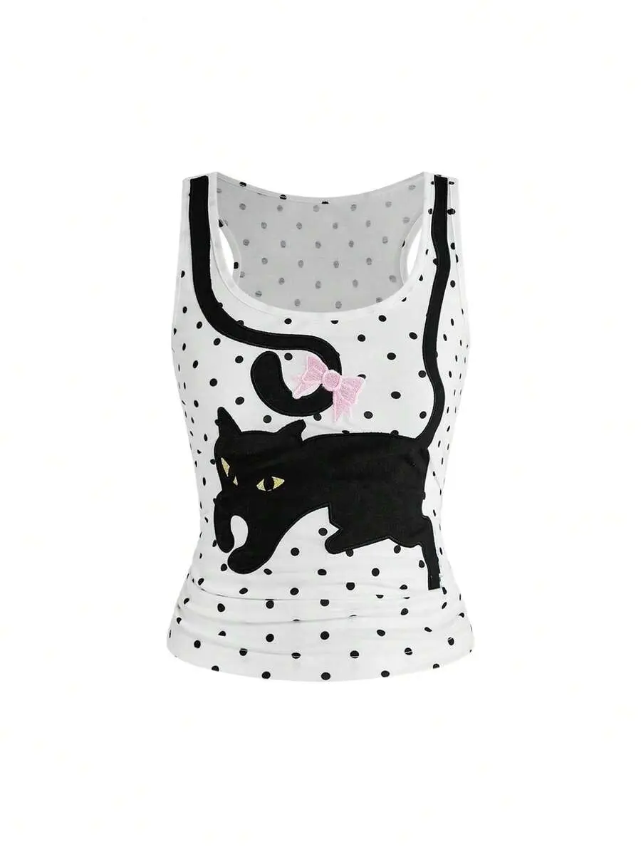 Kawaii Women's Coquette Cute Playful Cat & Butterfly All-Match Polka Dot Camisole