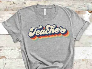 Retro Teacher Vibes T-Shirt - Gray Casual Crew Neck Short Sleeve Tee for Summer