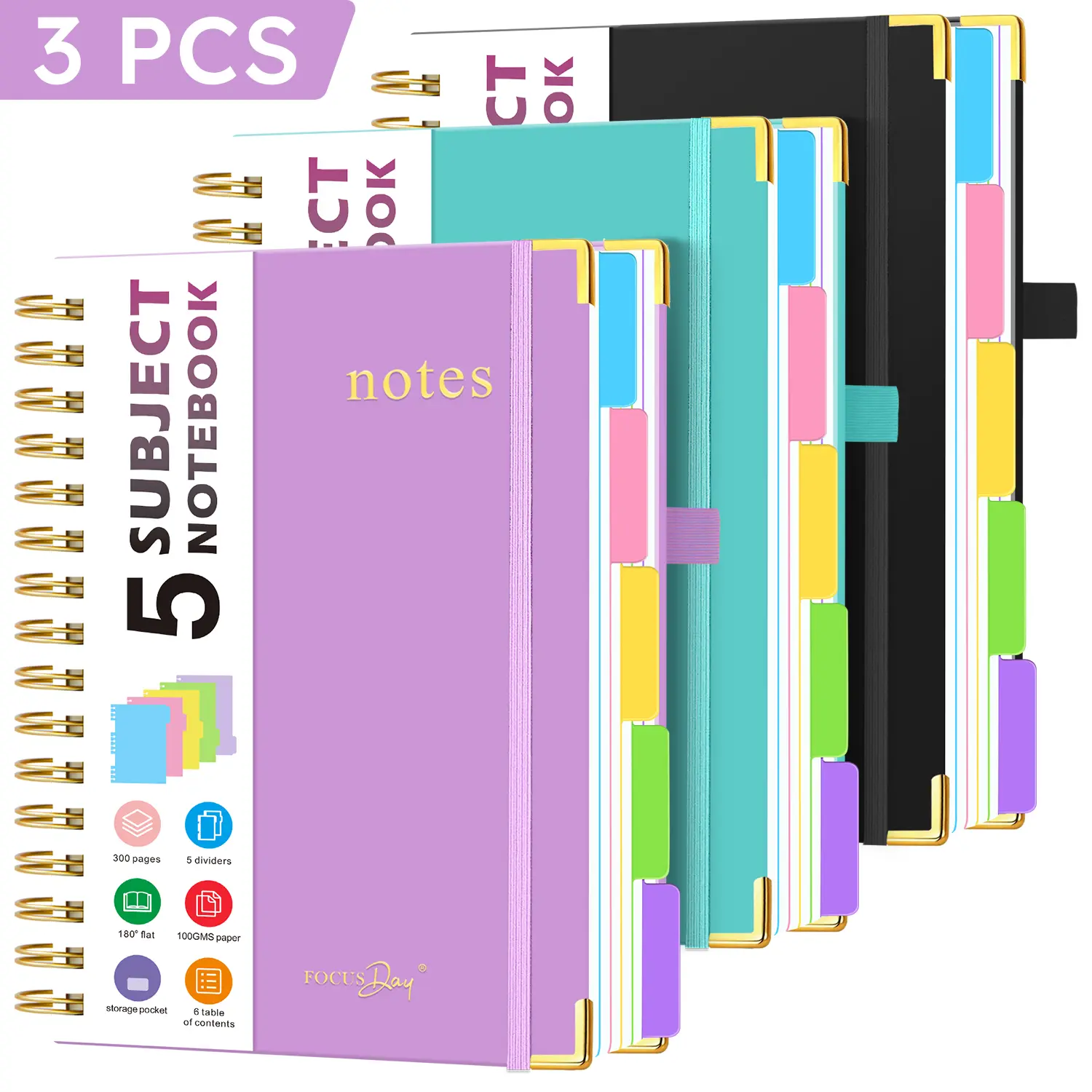 3 Pack Spiral Notebook Journal, 5 Subject Notebook with Removable Dividers Tabs, 300 Pages 100GSM Lined Paper, Inner Pocket, A5 Hardcover College Ruled Notebook for School Office Home, 6.1" x 8.4"