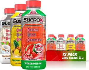 SueroX Zero Sugar Electrolyte Drink Caribbean Pack: Wondermelon, Pineapple Paradise, Coconut. 12 Pack. Sugar-Free Hydration & Recovery with 8 Ions & Electrolytes. Zero Calorie Sports Drink,  21.3 Fl Oz, 12-pack