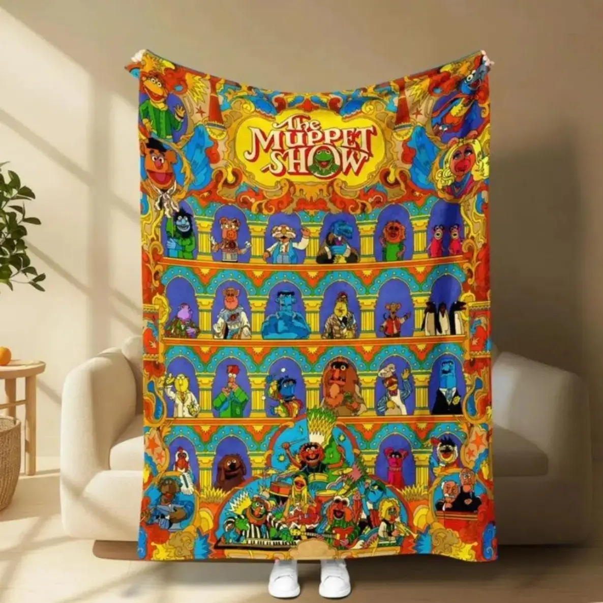 The Muppet Show Flannel Blanket, Colorful Theatre Collage Design with Classic Characters, Soft Cozy Throw Blanket for Bed Sofa Couch Nap Office Travel Camping, Bright Decorative Nostalgic Cartoon Blanket Bedding for Kids & Fans, Ideal Halloween Christmas