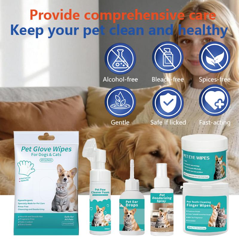 6Piece All-in-one Grooming Kit - Pet Grooming Glove Wipes 6PCS/PACK & Pet Teeth Cleaning Finger Wipes 50pcs & Pet Eye Wipes 100 Pcs &  Pet Ear Drops 60ml & Pet No-Rinse Paw Cleaner 100ml & Pet Deodorizing Spray 60ml