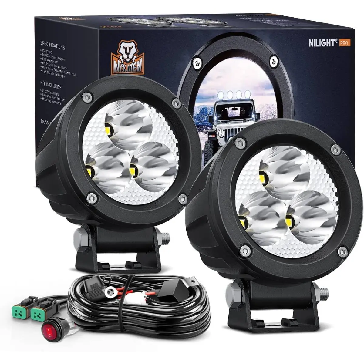 2Pcs 15W 3Inch LED Light w/Wiring Harness