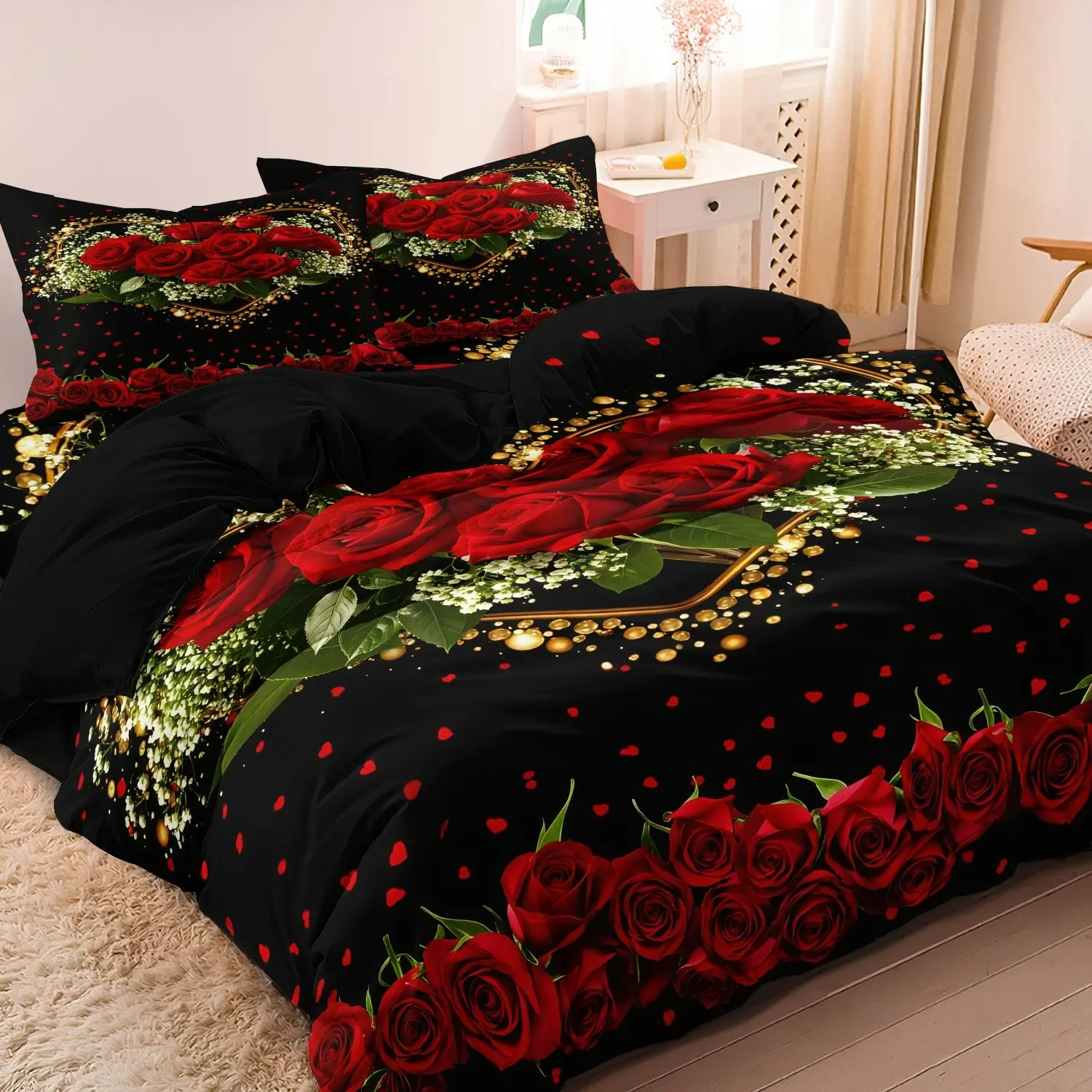 3pcs Duvet Cover Set, Valentine'S Day Imitation Rose Flowering Plant Print Bedding Set, Soft Comfortable Decorative Duvet Cover, For Bedroom, Guest Room, Bed Sets Supplies (1*Duvet Cover + 2*Pillowcase, Without Core)