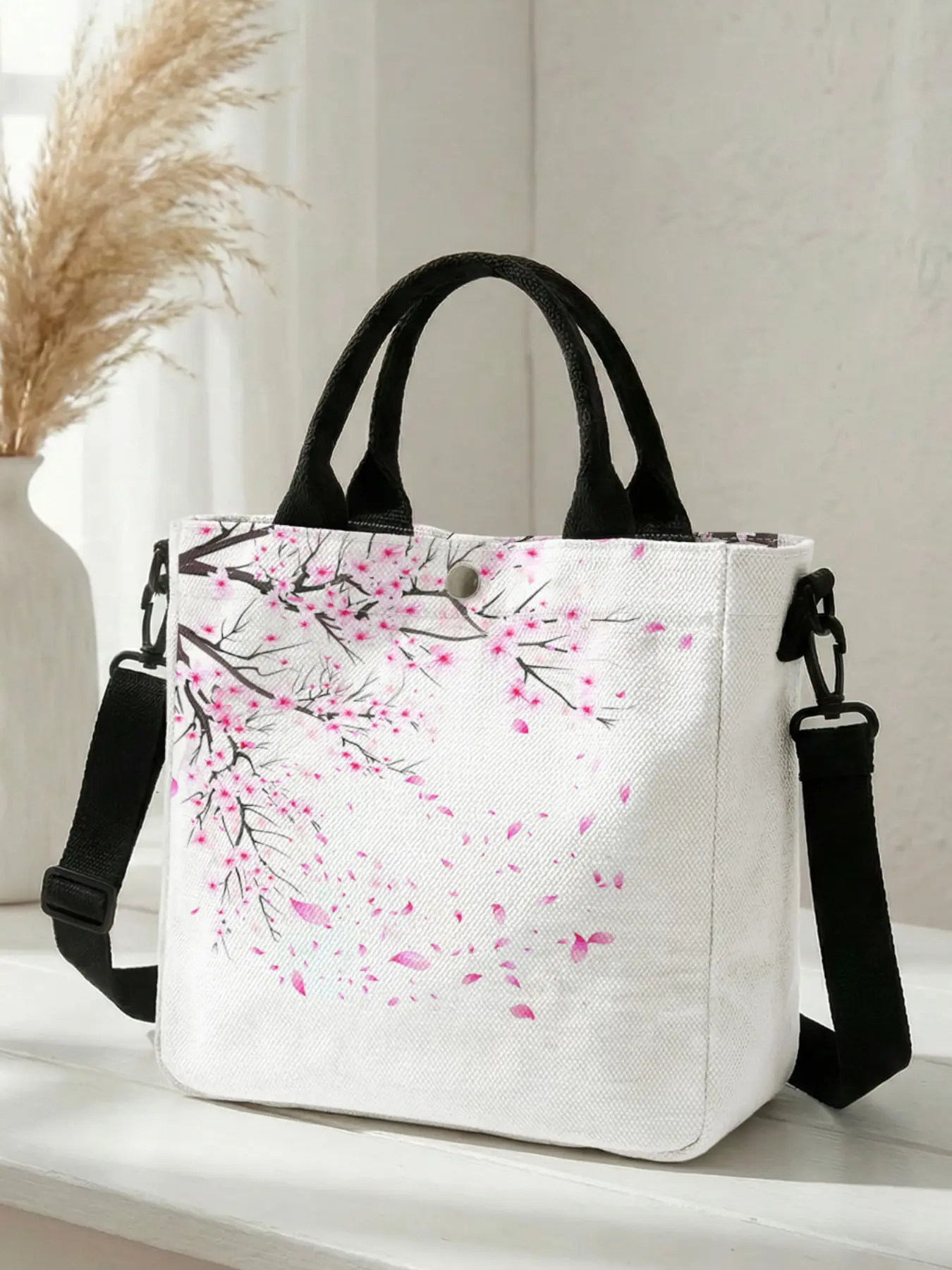 1 piece of pink cherry blossom pattern 2D printed fashionable crossbody bag, adjustable shoulder strap + snap closure | Students/Office workers/Shopping and going out | A street style essential that combines aesthetic appeal and practicality