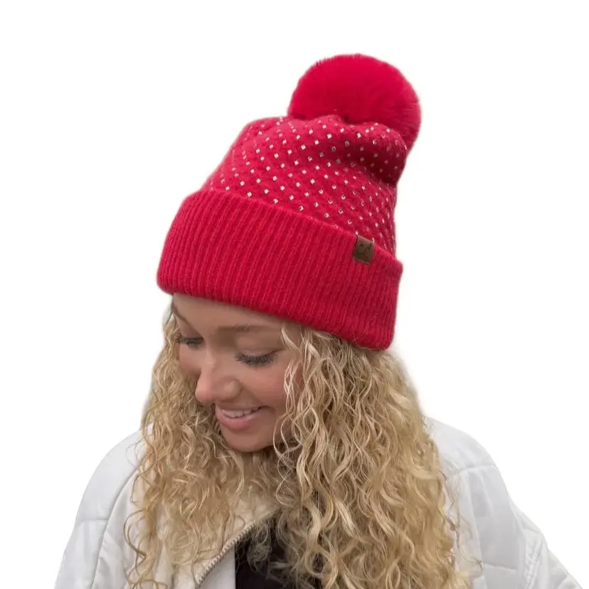 All Over Rhinestones CC Pom Beanie: Red