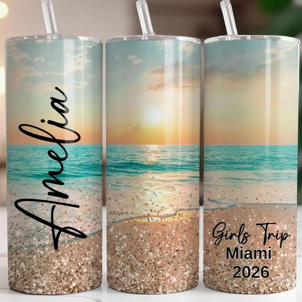 Personalized Sunset Beach Tumbler | Custom Girls Trip Cup With Name | 20 oz Beach Bachelorette Tumbler With Straw