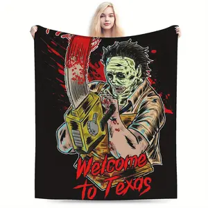 Ultra-Soft Chainsaw Killer Theme Flannel Throw Blanket - Cozy and Warm All-Season Decor for Living Room, Office, Sofa - Bold 'Welcome to Texas' Design with Blood and Saw Graphics - Ideal Gift