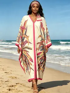 1dress+1 scarf Pink Trim Feather Leaf Print Kaftan Dress for Women, Plus Size Muslim Abaya with Matching Headscarf, Loose Batwing Sleeve Maxi Caftan, Modest Beach Cover Up, Dubai Style Islamic Robe for Vacation, Eid & Casual Loungewear
