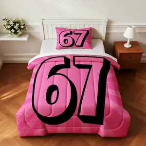 2/3Pcs 67 Number Print Comforter Set, Cute Pink Stylish Numeral 67 Polyester Bedding Set, Soft and Comfortable Fabric, Ideal for Bedroom Home Decoration, Pillow Inserts Not Included, With Filling, Bed Sets