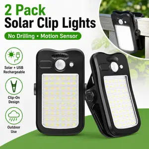 Solar Clip Lights, 2 Pack Motion Sensor Outdoor Lights, No Drill Clip-On Fence Lights, Solar + USB Rechargeable Lights for Gate, Porch, Pergola