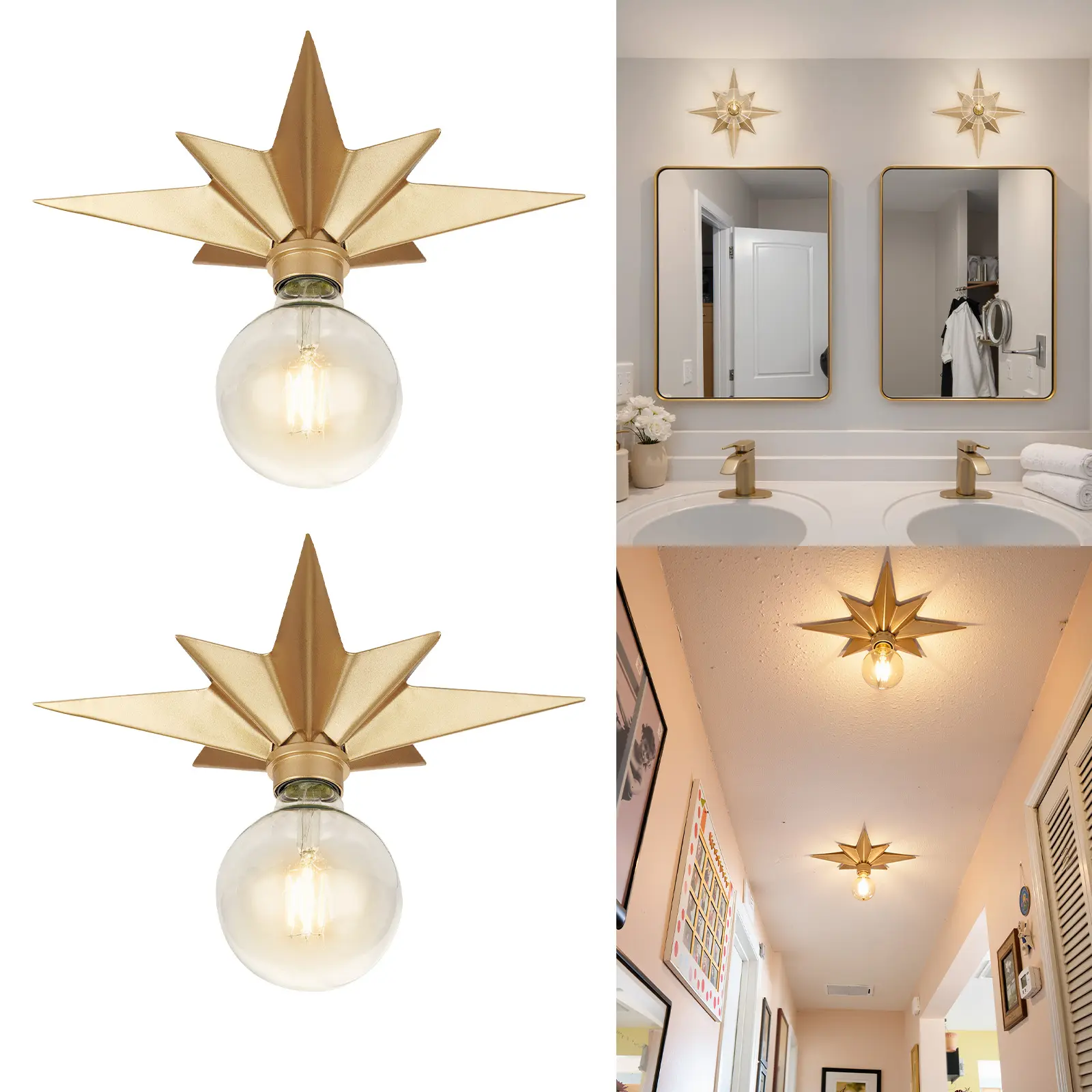 Flush Mount Ceiling Light, Black Star Light Fixtures Ceiling for Kitchen Bathroom Bedroom Entryway (Bulb not included)