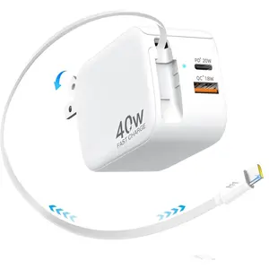 USB C Charger Block, 40W Retractable Wall Charger with 2.9ft Cord and Foldable Plug, Dual Ports for  Charge   for  16/15/14/13,Galaxy,iPad,,Pixel, 3 in 1 Travel Essentials