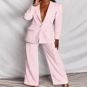 Women'sFittedPinkBlazerSuitSetwithDeepVNeck&StraightPantsSoftStretchOfficeWorkwearChicElegantLongSleeveChinaMadeMinimalistVneckFabricWomenswearBasic