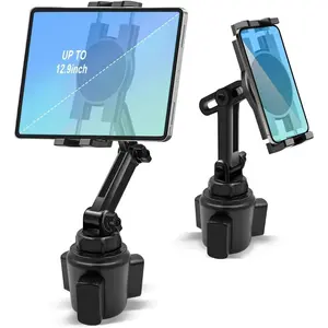 Cup Holder Car Tablet Mount, 360° Adjustable 2-Arm Stand Holder for iPad Pro 12.9/11/10.5/9.7/Air/Mini 6/5/4, Samsung Galaxy Tab/Z Fold 4/3,  iPhone 15/14/13/Pro, 4.7-12.9" Tab & Phone