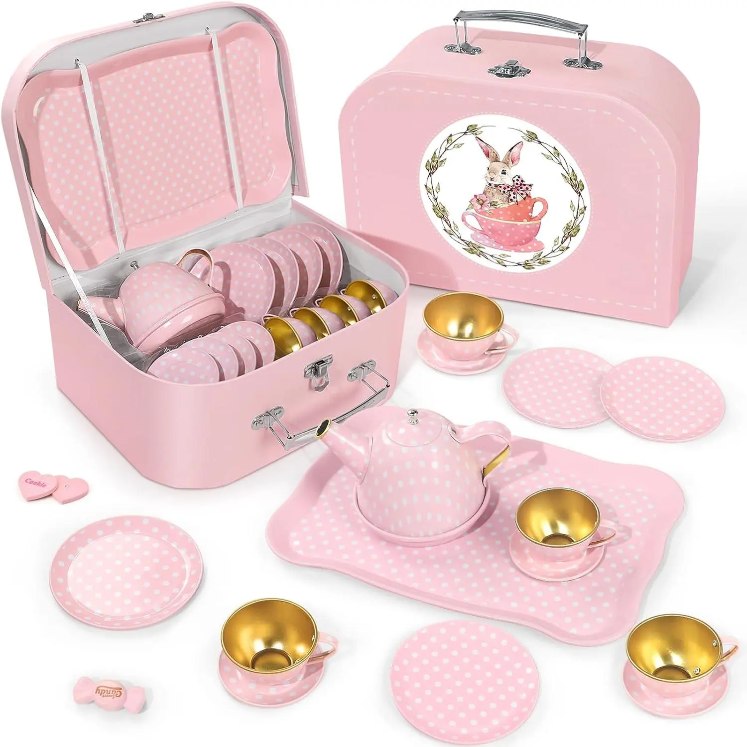 Tea Party Set for Little Girls, Princess Tea Time Toys Including Tin Teapot Set Cups Carrying Case,Role Play Kitchen Toys Birthday Gifts Age 3 4 5 6