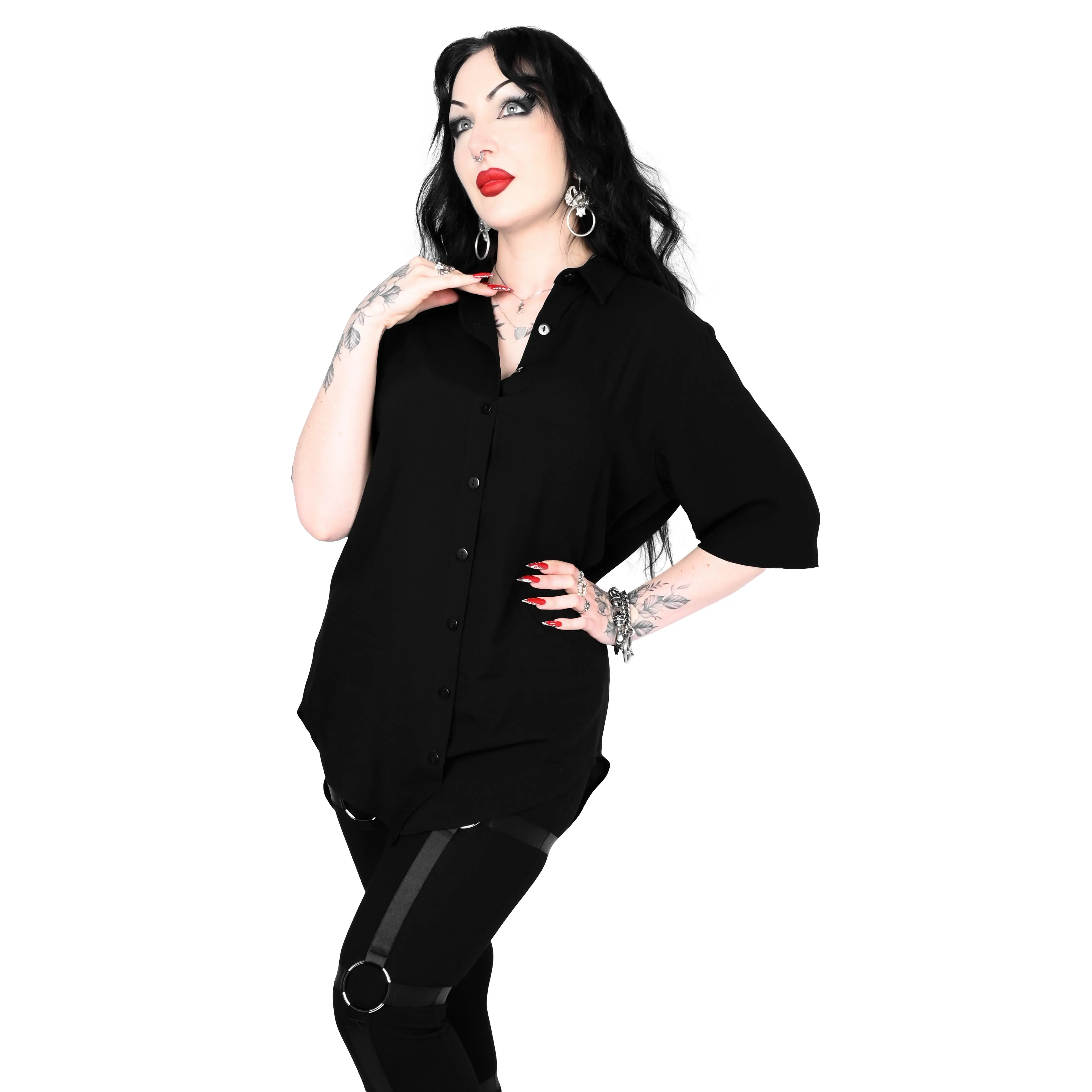 Women's Viscose Blouse, Solid Black Casual Oversized Button Down Long Top with Short Sleeves, Comfy, Tops, Shirt Blouse, Relaxed Cut, Fits, Collared Neck, Lady, Basic, Wardrobe Staples