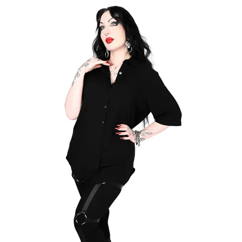 Foxblood Shop Women's Viscose Short-Sleeve Button-Front Blouse - Designed by Us, Plain Solid Black, Oversized Relaxed Fit, Comfy for Most Body Types, Pairable with Open Over Tank and Shorts